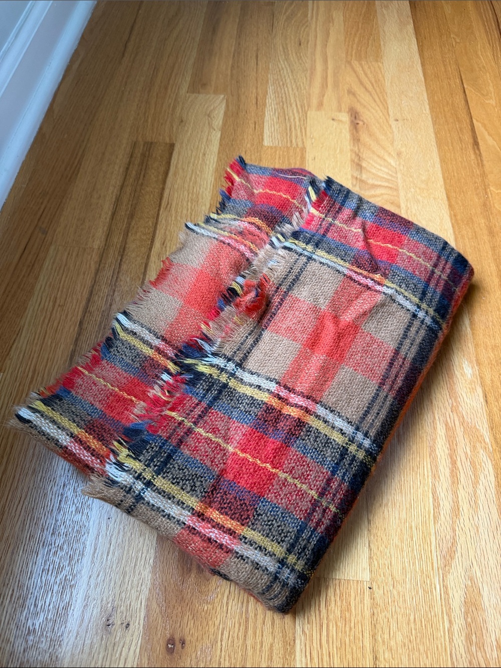 Cozy Plaid Square Fringe Scarf in Red, Tan, Navy